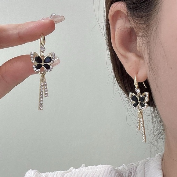 Crystal Studded Gold Butterfly Dangle Earrings in Black and Gold - Picture 3 of 10